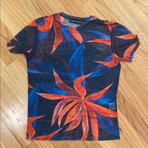 Louisa Ballou Blue and Orange Leaf Print Top Medium